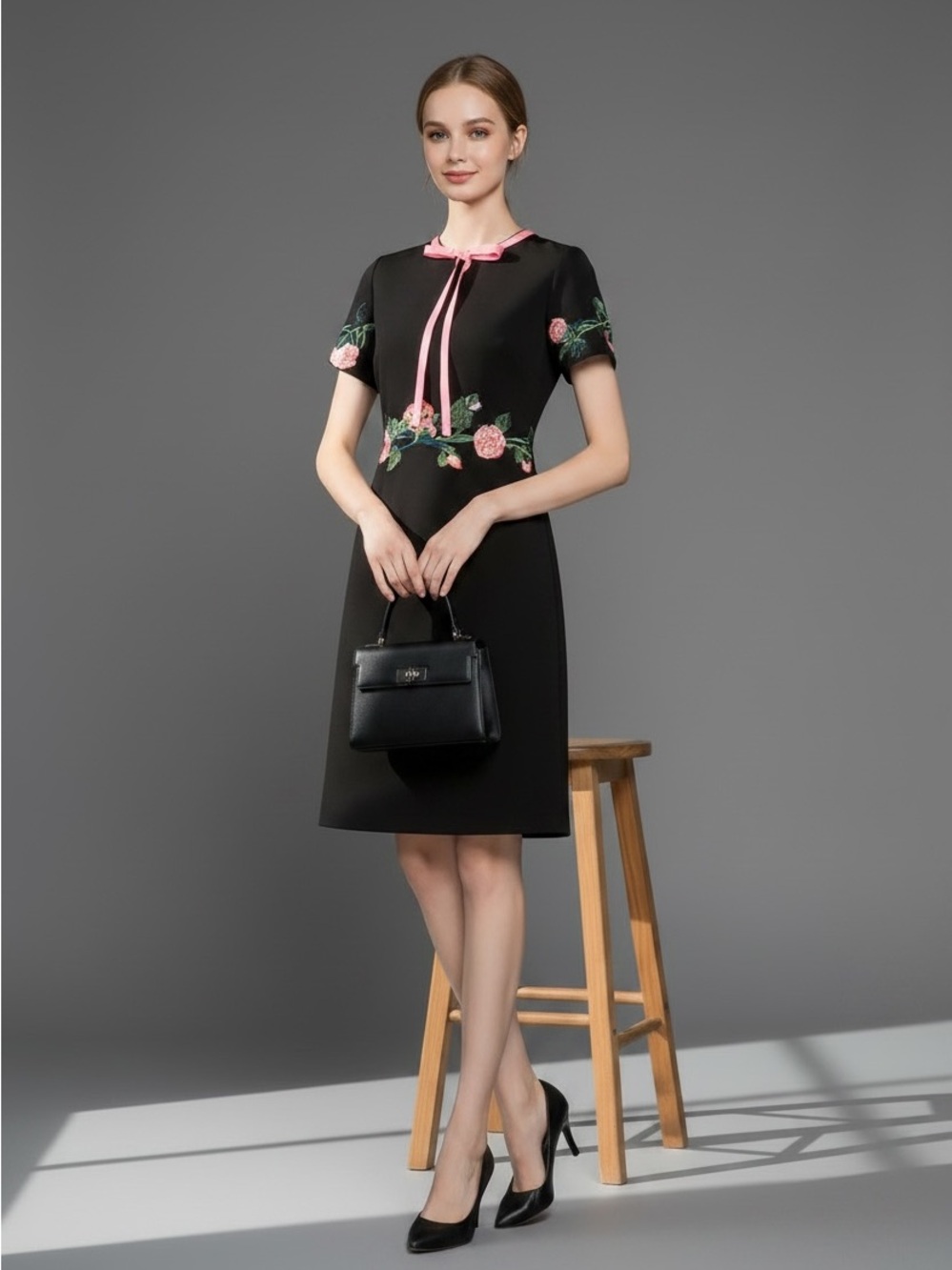Gucci Black A-Line Dress with Pink Floral Embroidery and Pink Neck Tie
